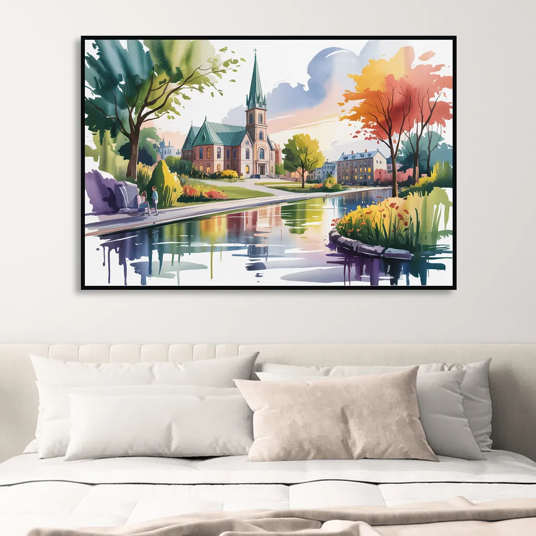 Quebec City Historic Churches Sitting Room - Black Canvas Wall Art