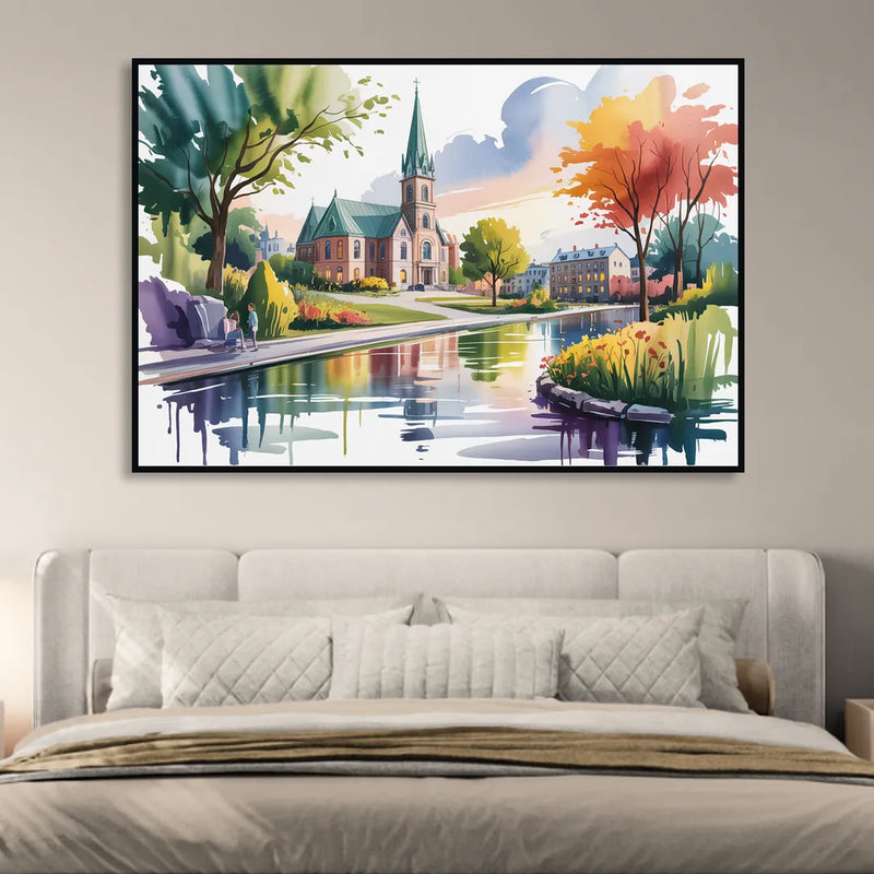 Quebec City Historic Churches Living Room - Black Canvas Wall Art