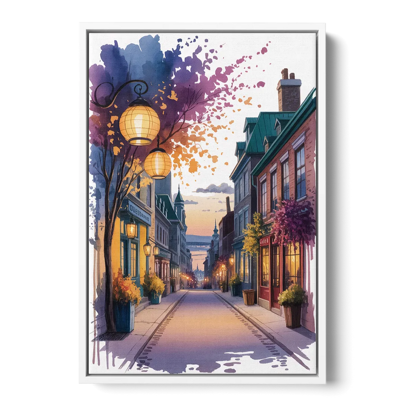 Quebec City Lantern Glow Front - White Canvas Wall Art