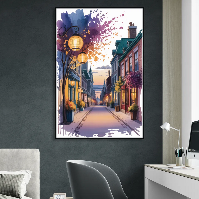 Quebec City Lantern Glow Living Room - Black Canvas Wall Art