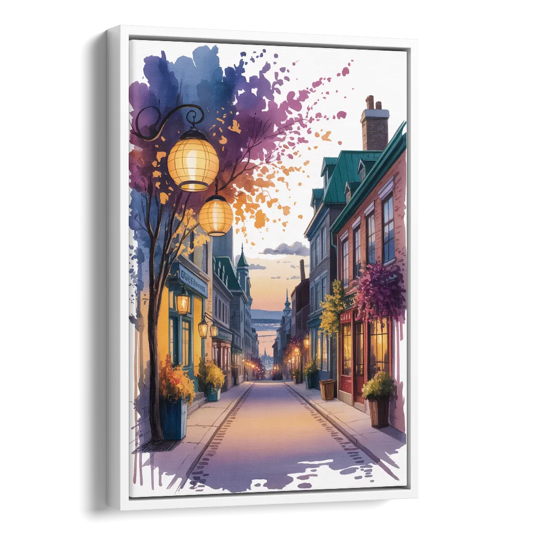 Quebec City Lantern Glow Side - White Canvas Wall Art
