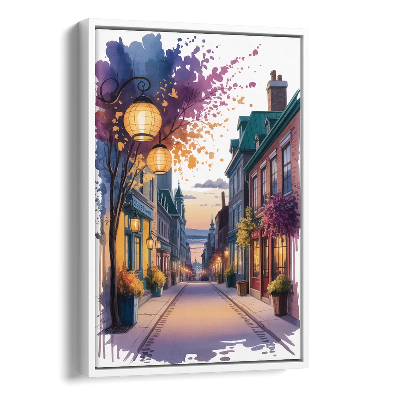 Quebec City Lantern Glow Side - White Canvas Wall Art