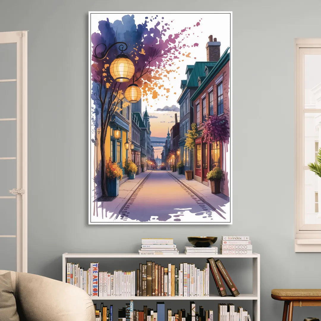 Quebec City Lantern Glow Sitting Room - White Canvas Wall Art