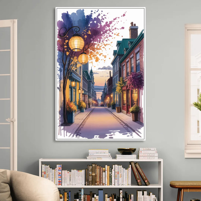 Quebec City Lantern Glow Sitting Room - White Canvas Wall Art