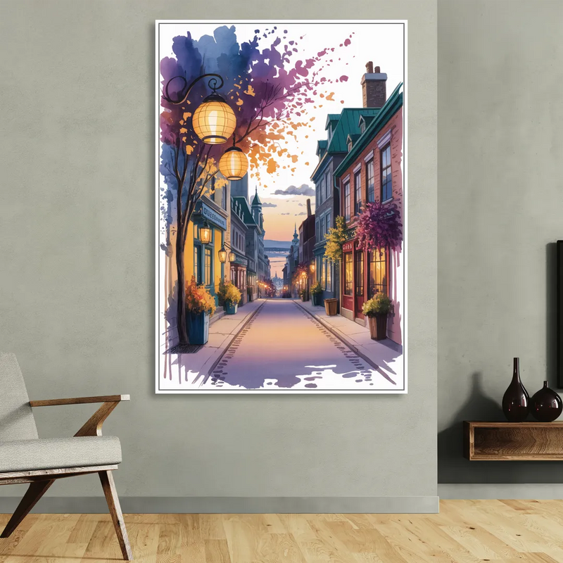Quebec City Lantern Glow Living Room - White Canvas Wall Art