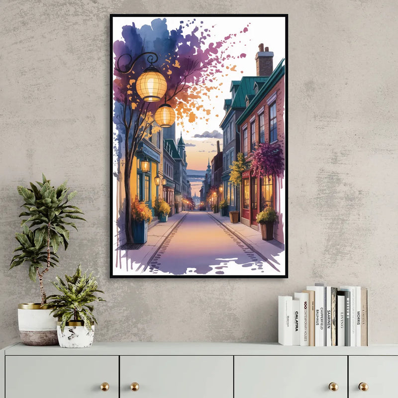 Quebec City Lantern Glow Sitting Room - Black Canvas Wall Art