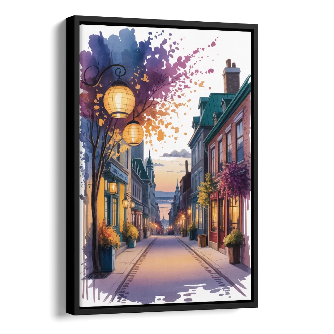 Quebec City Lantern Glow Side - Black Canvas Wall Art