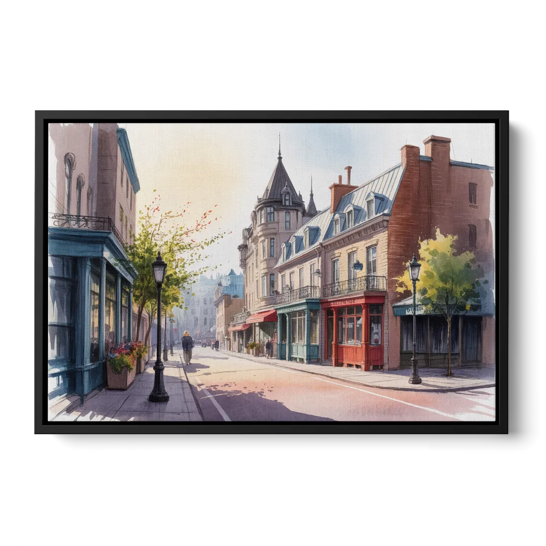 Quebec City Old Streets Front - Black Canvas Wall Art