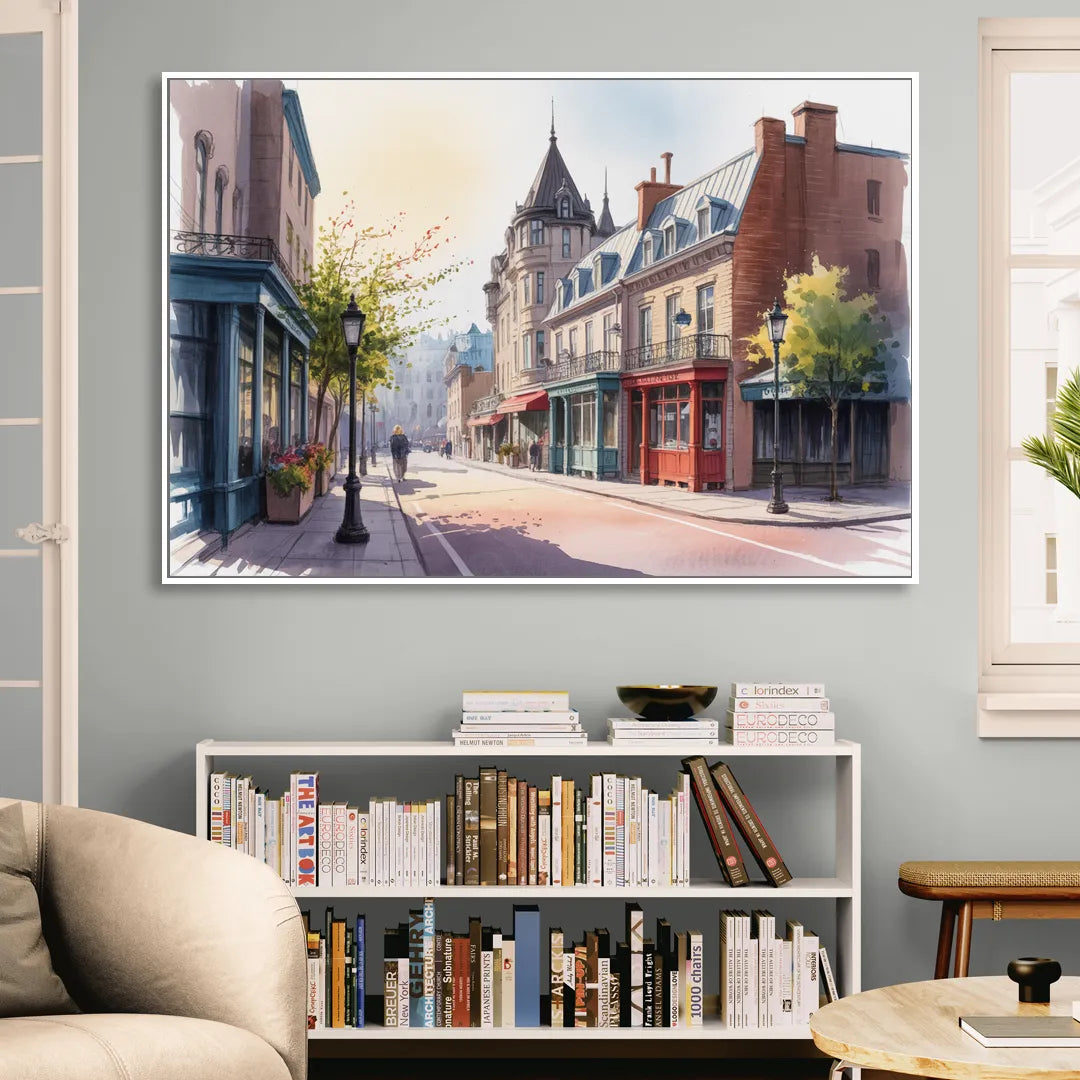 Quebec City Old Streets Living Room - White Canvas Wall Art