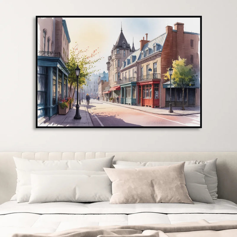 Quebec City Old Streets Living Room - Black Canvas Wall Art