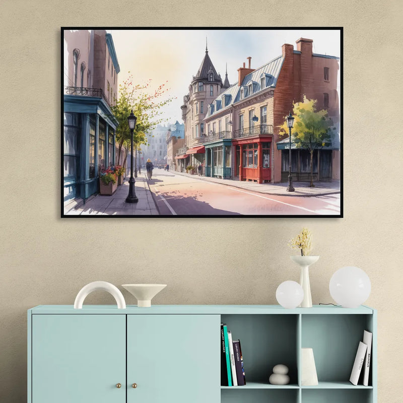 Quebec City Old Streets Sitting Room - Black Canvas Wall Art