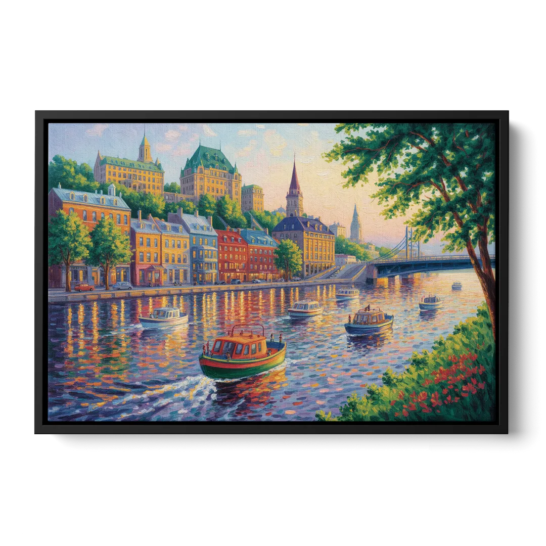 Quebec City Riverfront Front - Black Canvas Wall Art