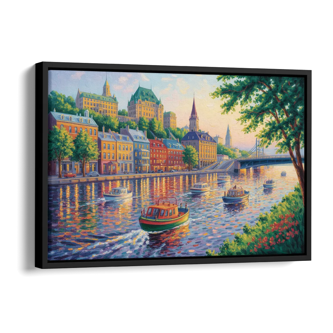 Quebec City Riverfront Side - Black Canvas Wall Art