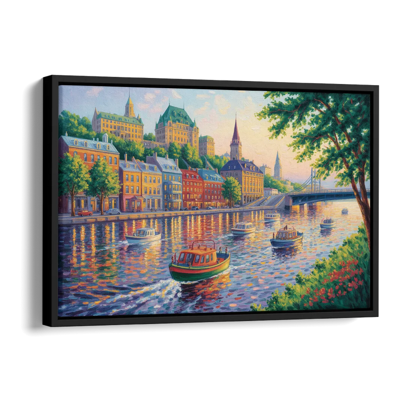 Quebec City Riverfront Side - Black Canvas Wall Art