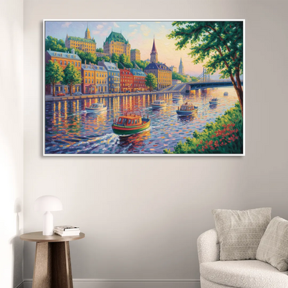 Quebec City Riverfront Sitting Room - White Canvas Wall Art