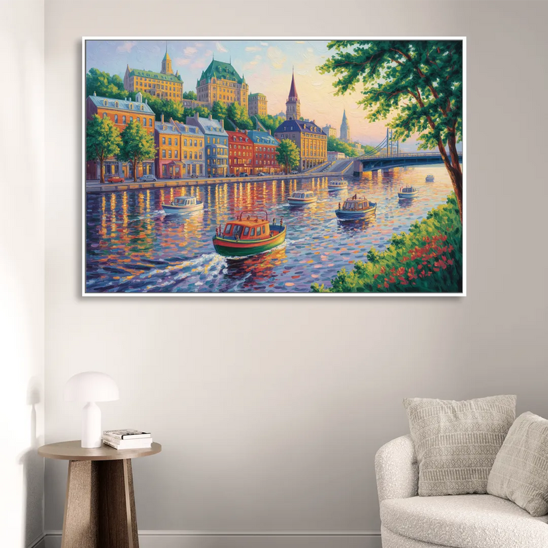 Quebec City Riverfront Sitting Room - White Canvas Wall Art