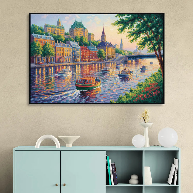 Quebec City Riverfront Living Room - Black Canvas Wall Art