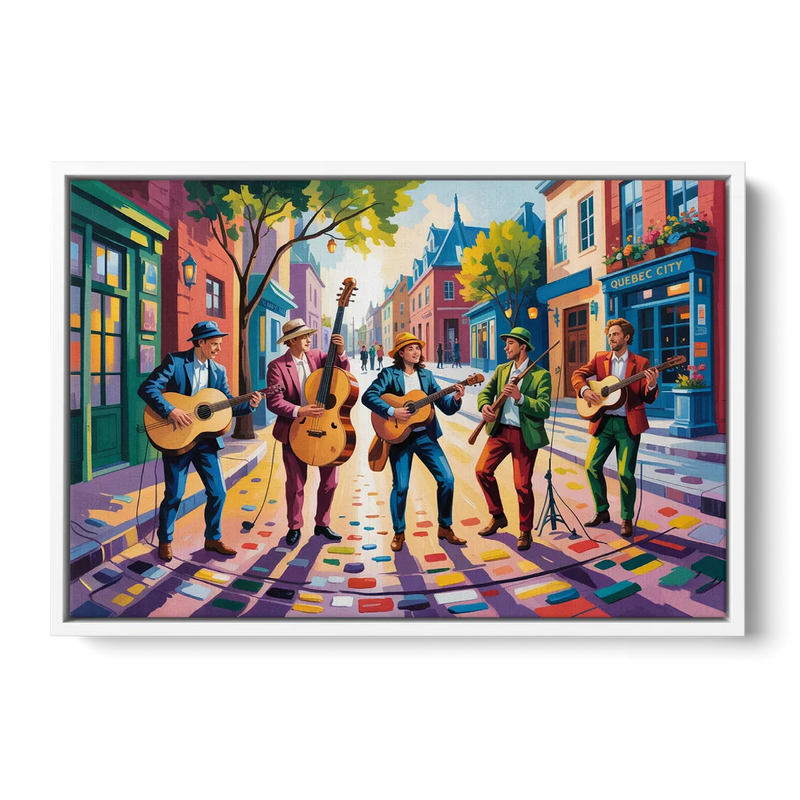 Quebec City Street Musicians Front - White Canvas Wall Art