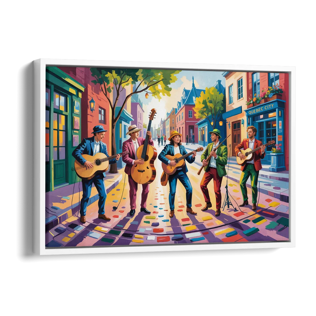 Quebec City Street Musicians Side - White Canvas Wall Art