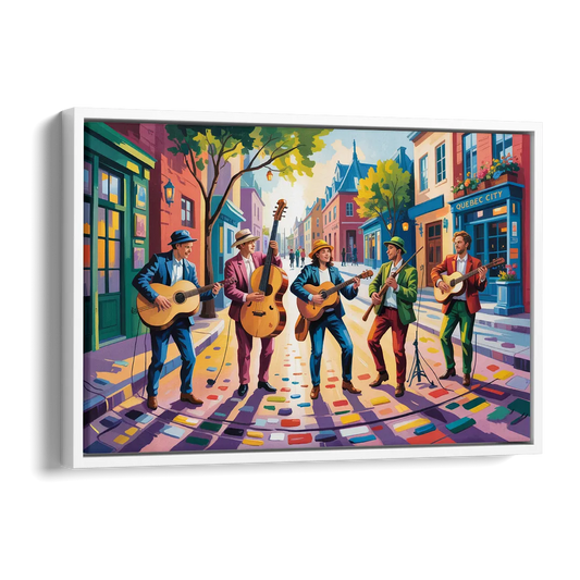 Quebec City Street Musicians Side - White Canvas Wall Art