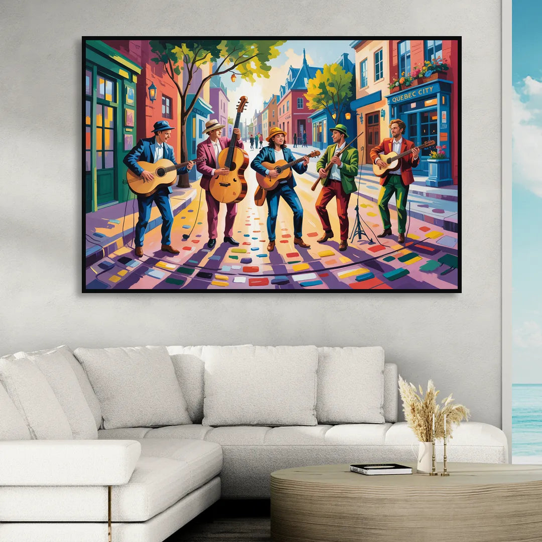 Quebec City Street Musicians Living Room - Black Canvas Wall Art