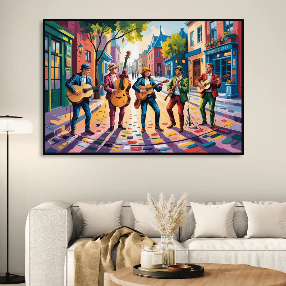 Quebec City Street Musicians Sitting Room - Black Canvas Wall Art