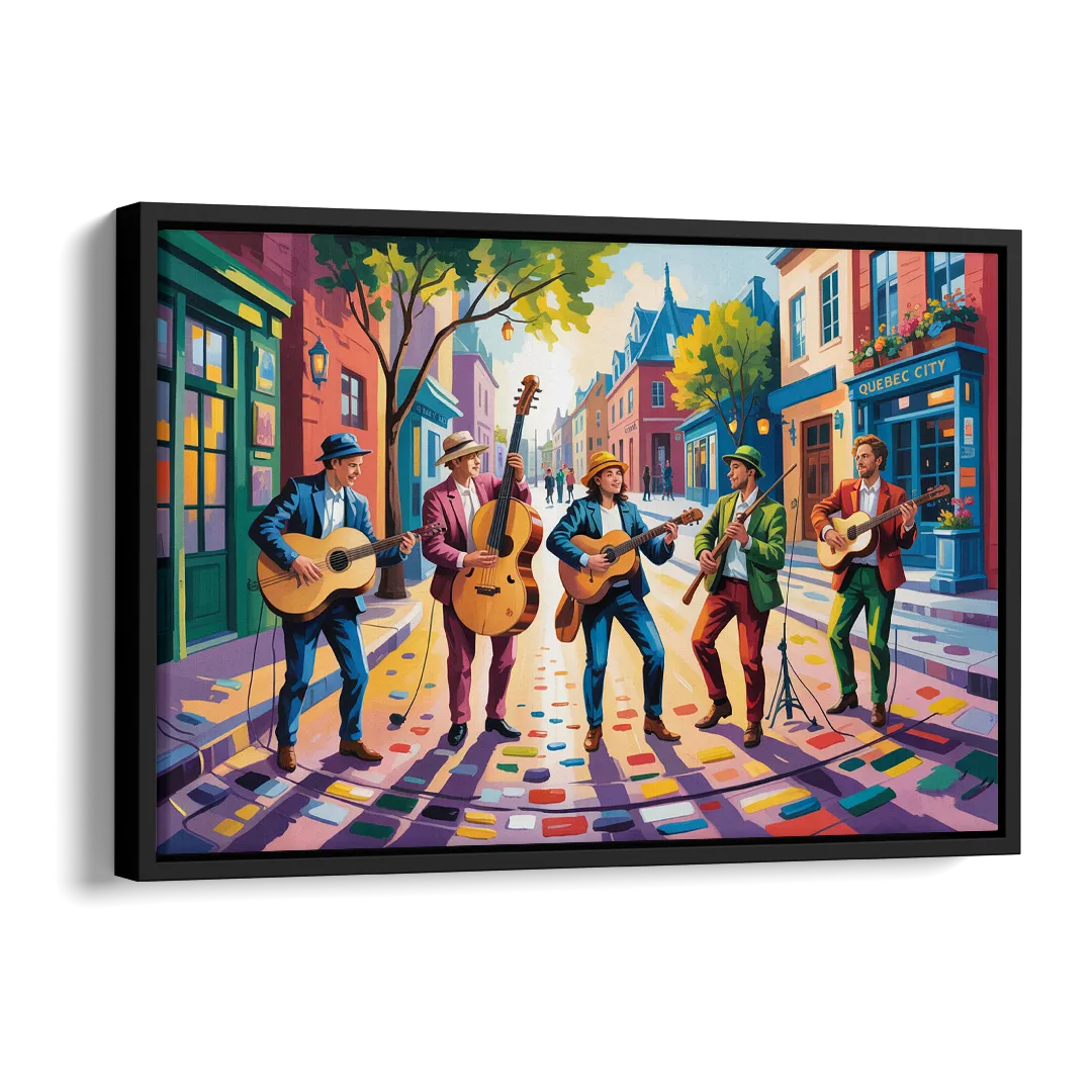 Quebec City Street Musicians Side - Black Canvas Wall Art