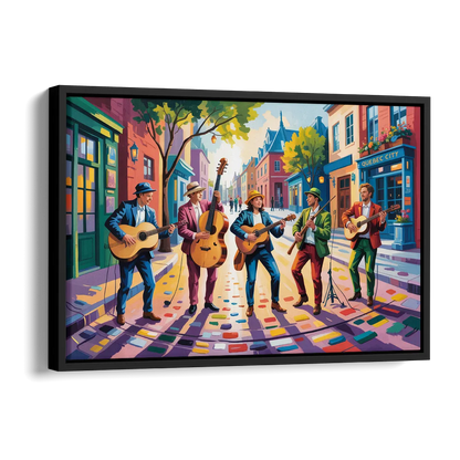 Quebec City Street Musicians Side - Black Canvas Wall Art