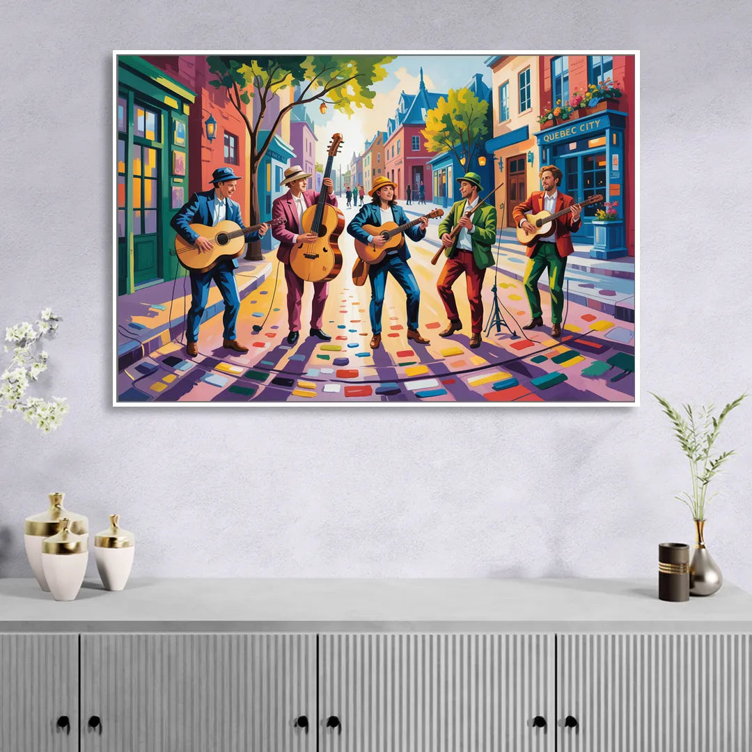 Quebec City Street Musicians Sitting Room - White Canvas Wall Art
