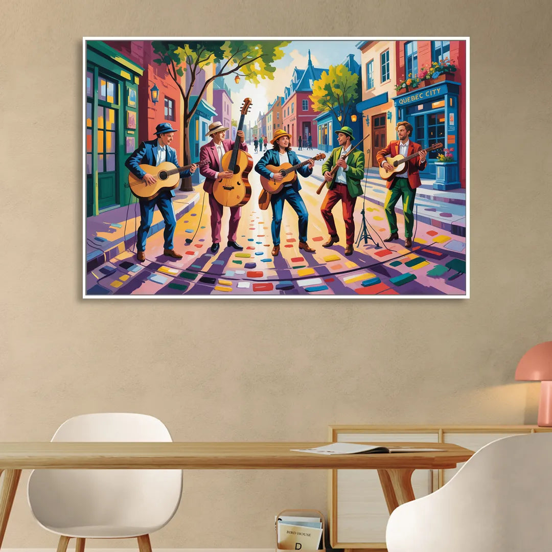 Quebec City Street Musicians Living Room - White Canvas Wall Art