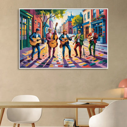Quebec City Street Musicians Living Room - White Canvas Wall Art