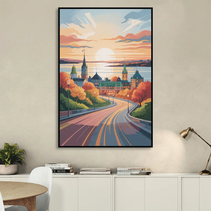 Quebec City Sunrise Living Room - Black Canvas Wall Art