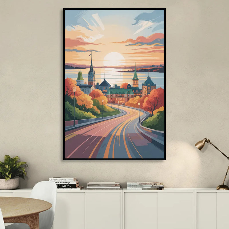 Quebec City Sunrise Living Room - Black Canvas Wall Art