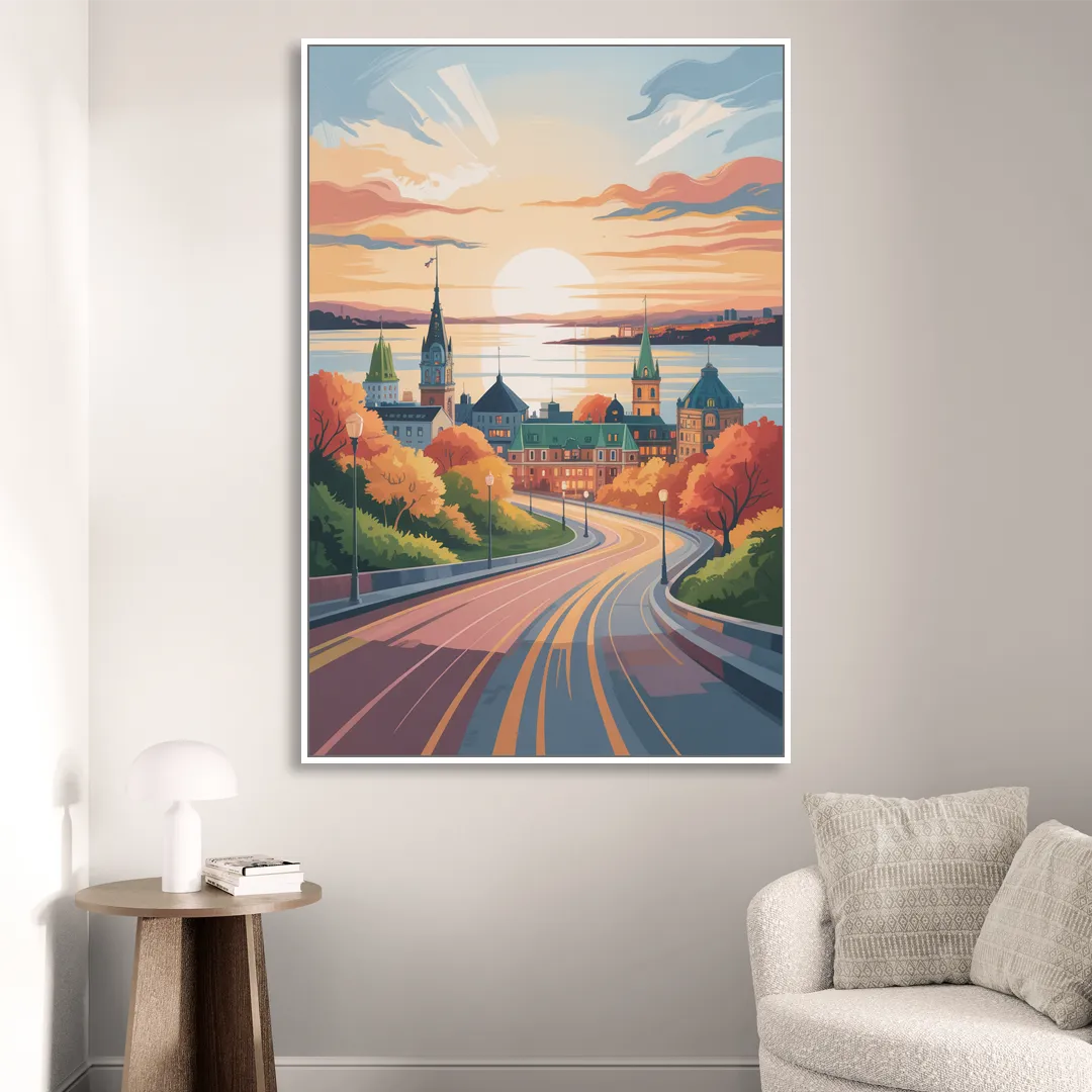 Quebec City Sunrise Living Room - White Canvas Wall Art