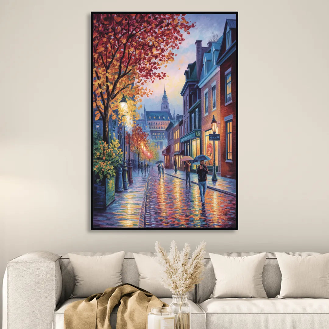 Quebec City in Autumn Living Room - Black Canvas Wall Art