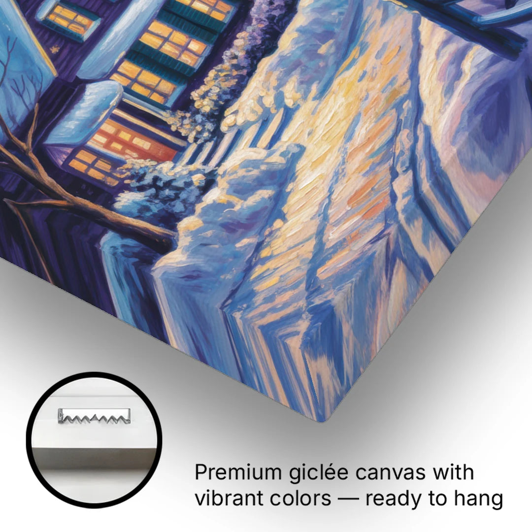 Quebec Snowy Village Scene - Canvas Wall Art - Gallery Wrap Corner