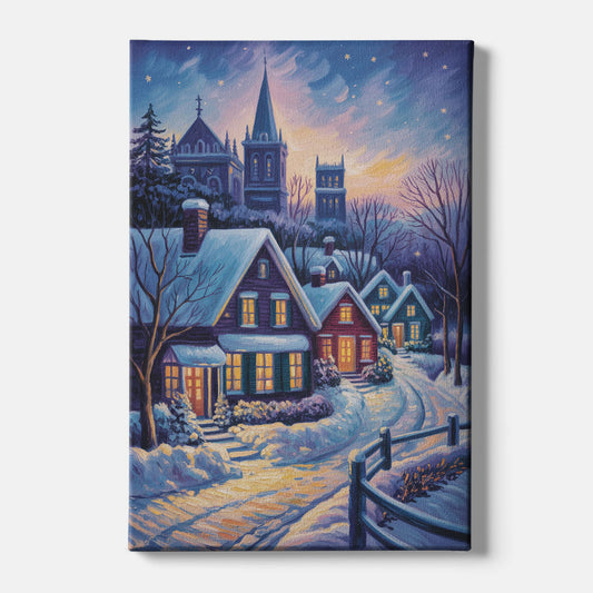 Quebec Snowy Village Scene - Canvas Wall Art