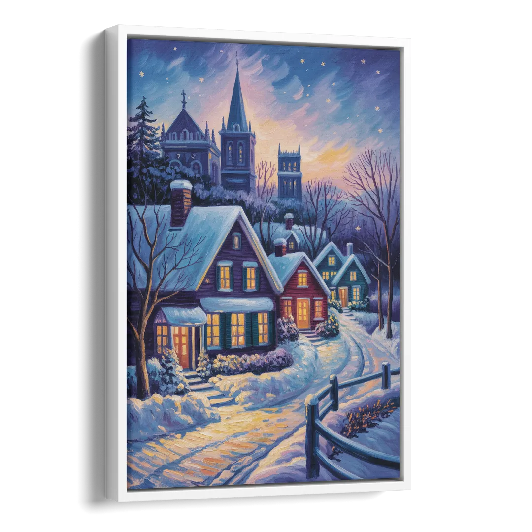 Quebec Snowy Village Scene Side - White Canvas Wall Art