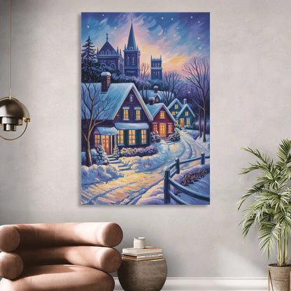 Quebec Snowy Village Scene Living Room - Canvas Wall Art