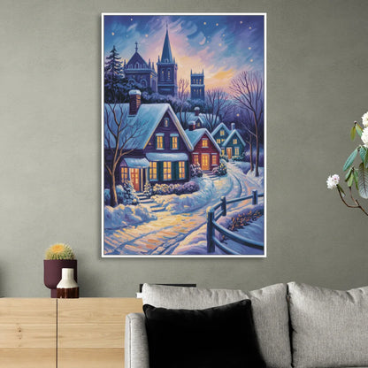 Quebec Snowy Village Scene Living Room - White Canvas Wall Art
