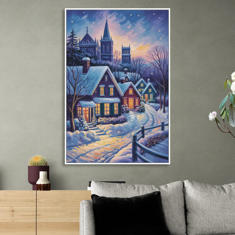 Quebec Snowy Village Scene Living Room - White Canvas Wall Art