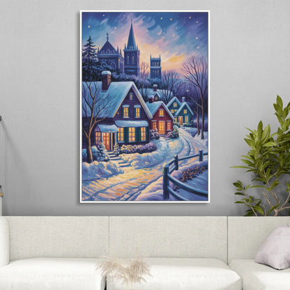 Quebec Snowy Village Scene Sitting Room - White Canvas Wall Art