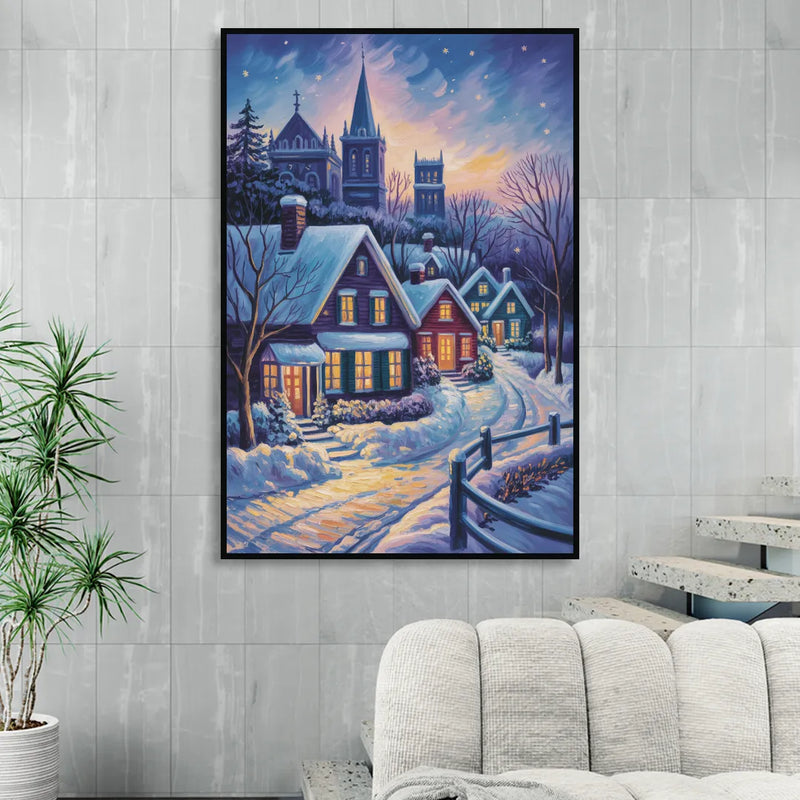 Quebec Snowy Village Scene Sitting Room - Black Canvas Wall Art