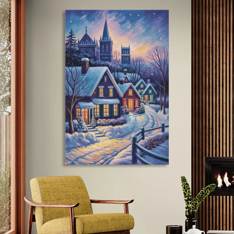Quebec Snowy Village Scene Sitting Room - Canvas Wall Art