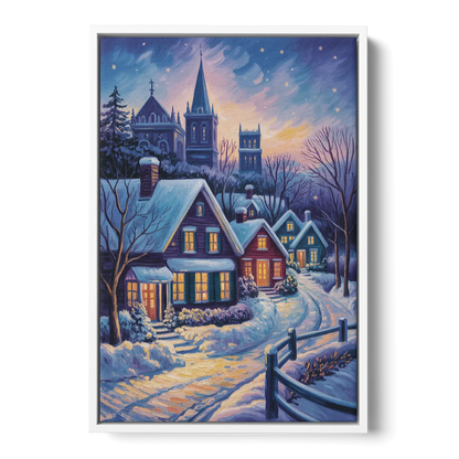 Quebec Snowy Village Scene Front - White Canvas Wall Art