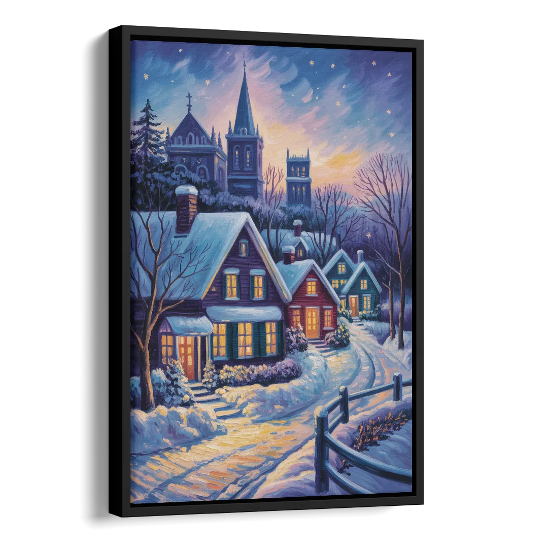 Quebec Snowy Village Scene Side - Black Canvas Wall Art