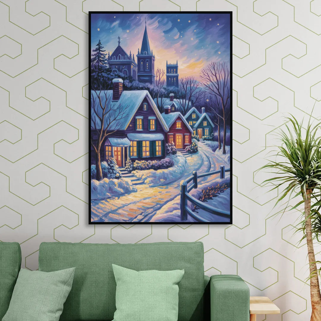 Quebec Snowy Village Scene Living Room - Black Canvas Wall Art