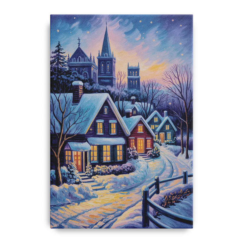 Quebec Snowy Village Scene Front - Canvas Wall Art