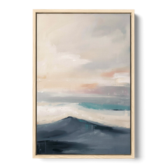 Minimalist Quiet Mountain Ridge with Teal Crest - Oak Framed Canvas Wall Art - Front