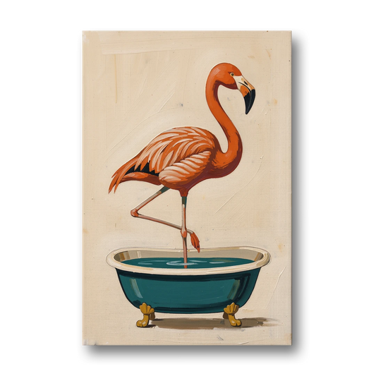 Quirky Bathroom Wall Art Flamingo in a Clawfoot Tub - Canvas Wall Art - Front